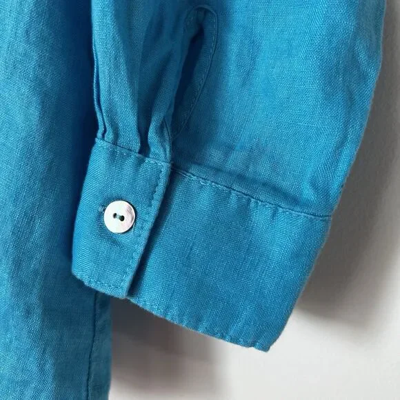 Magaschoni Turquoise Blue Button Up Shirt 100% Linen Boxy Women’s XS - Picture 2 of 9